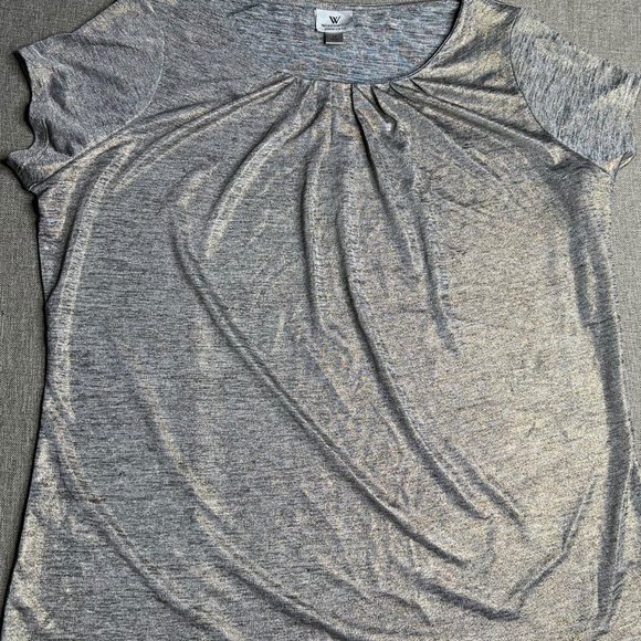 Worthington Women's Blouse 1X Stretch Smock Scoop Neck Metallic Gray RN 93677 - Picture 4 of 9